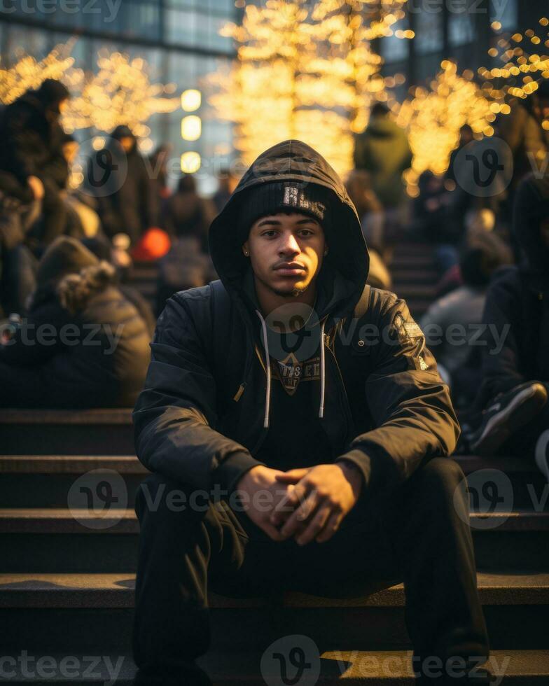 a man in a hoodie sitting on some steps generative ai photo