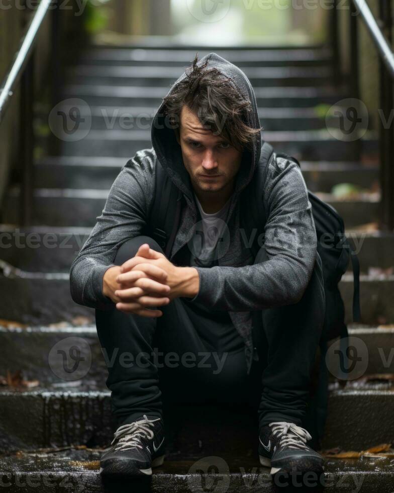 a man in a hoodie sitting on some steps generative ai photo