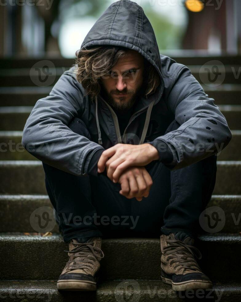 a man in a hoodie sitting on some steps generative ai photo