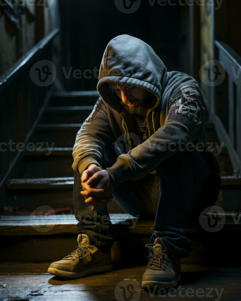 a man in a hoodie sitting on the stairs generative ai photo