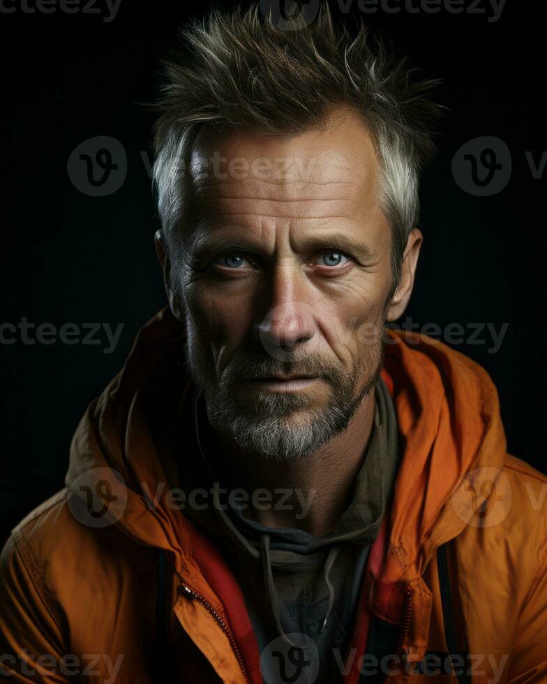 a man in an orange jacket with a beard generative ai photo