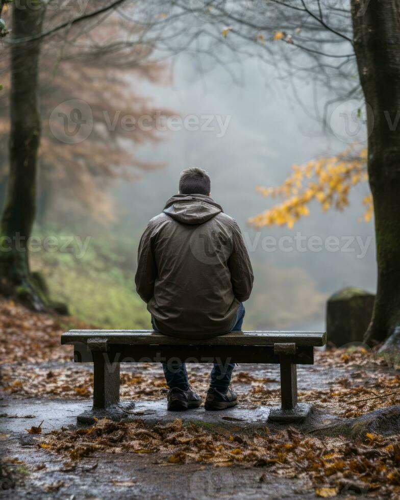 a man sits alone on a bench in the woods generative ai photo