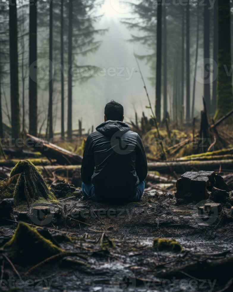 a man sitting alone in the middle of a forest generative ai photo
