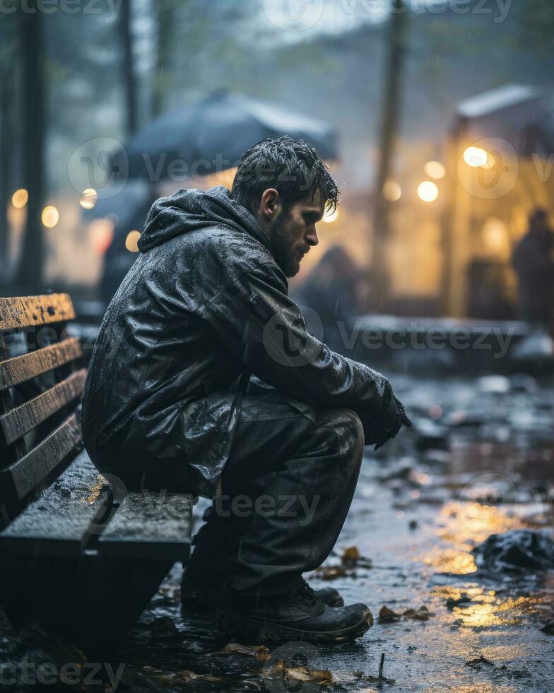 a man sitting on a bench in the rain generative ai photo
