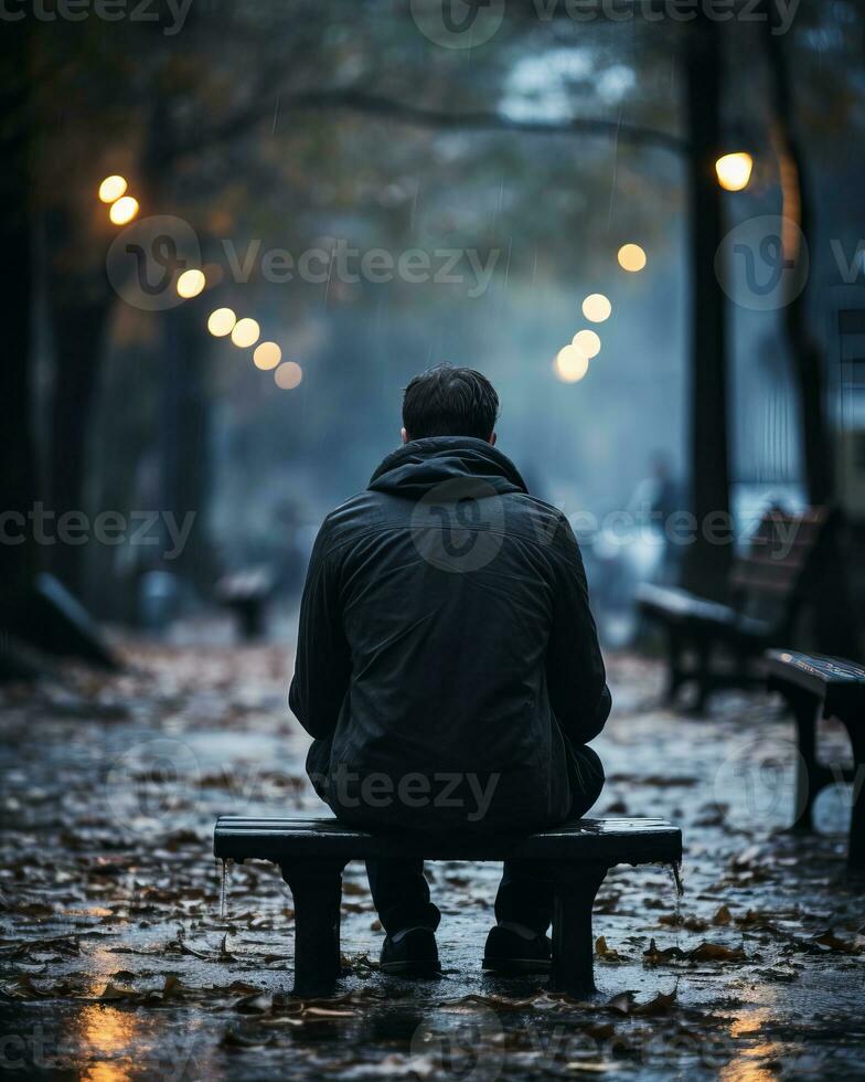 a man sitting on a park bench in the rain generative ai photo