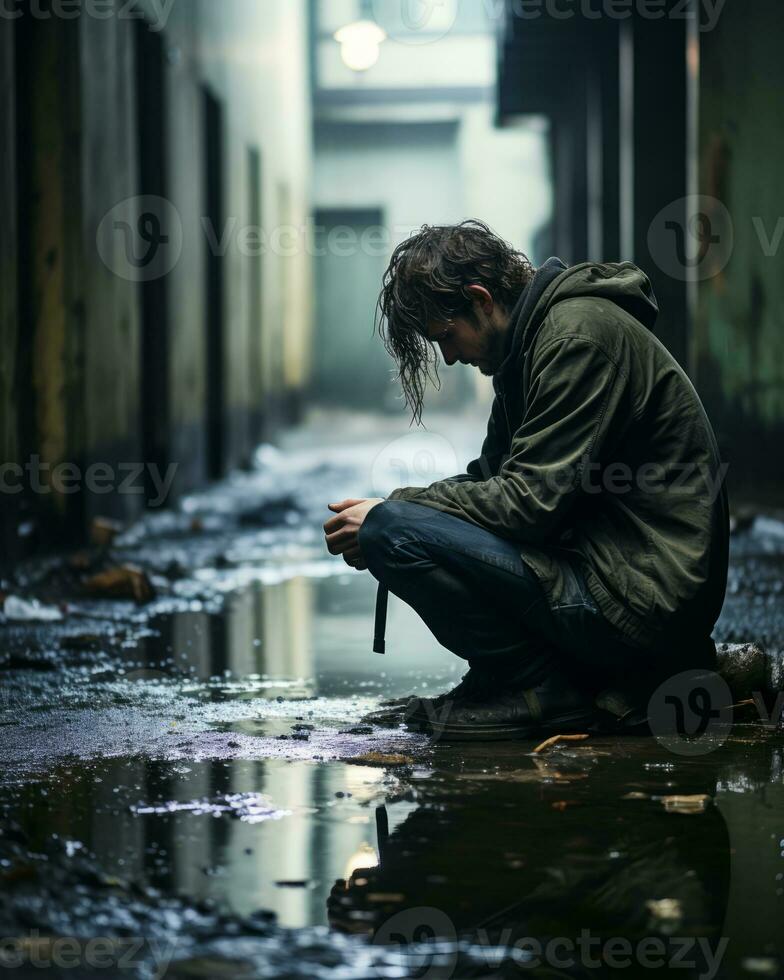 a man sitting on the ground in an alley generative ai photo
