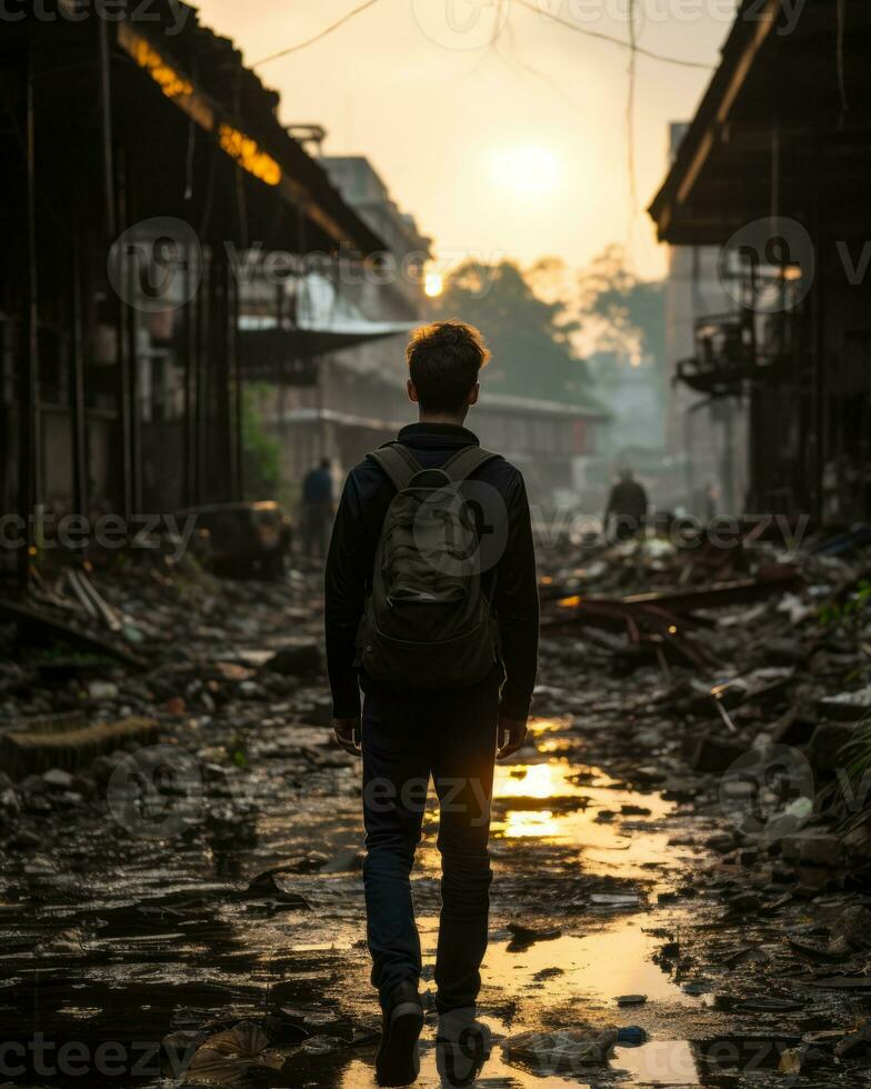 a man with a backpack walking through a dirty street at sunset generative ai photo