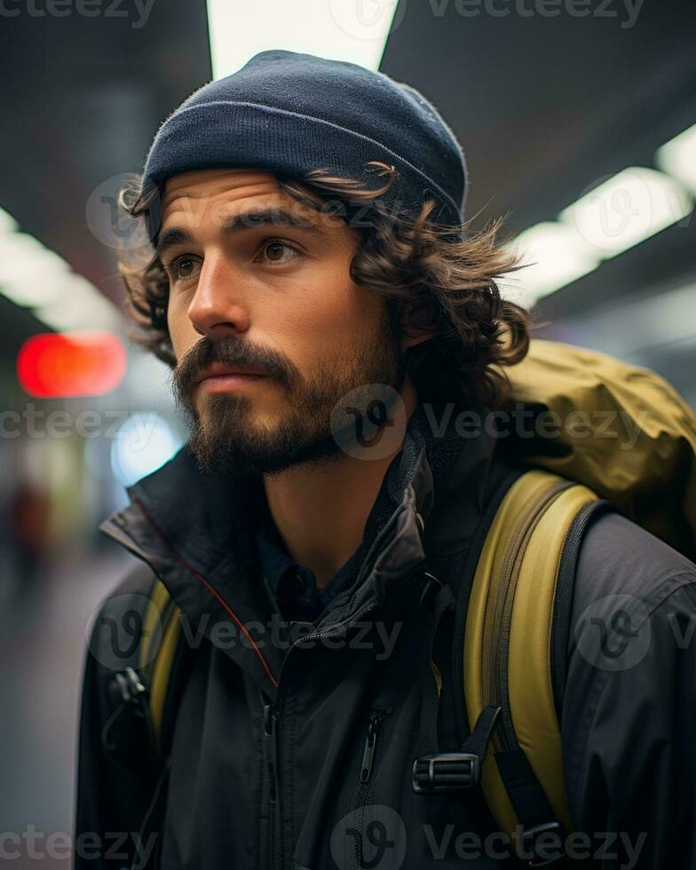 a man with a beard and backpack standing in a subway station generative ai photo