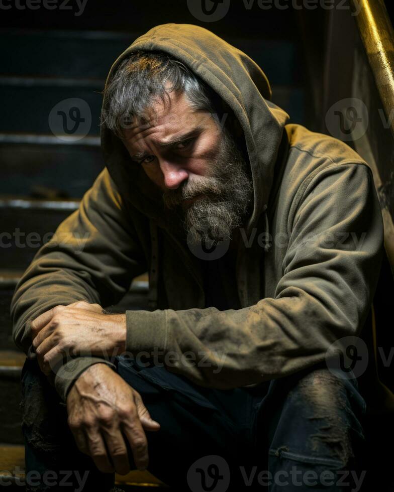 a man with a beard and hoodie sitting on the stairs generative ai photo
