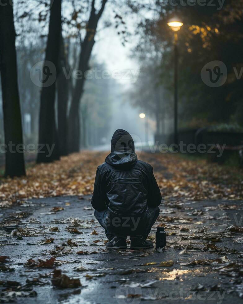 a person in a hooded jacket sitting on the ground in the middle of a park generative ai photo