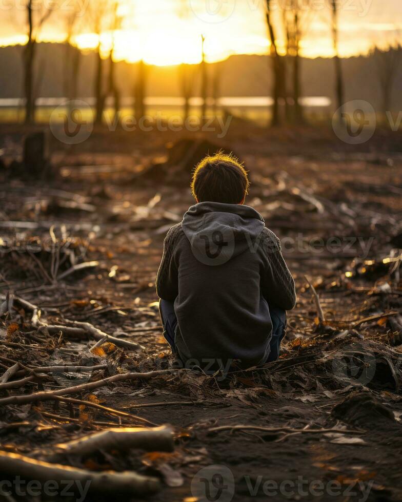 a person sitting in the middle of a field at sunset generative ai photo