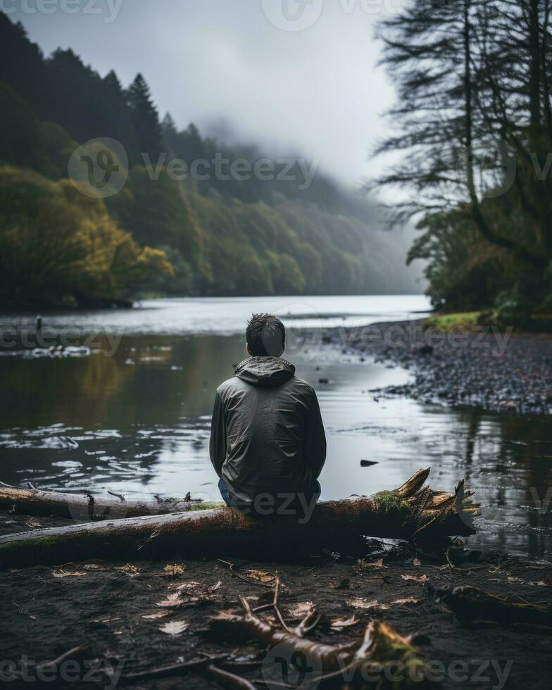 a person sitting on a log by a river generative ai photo