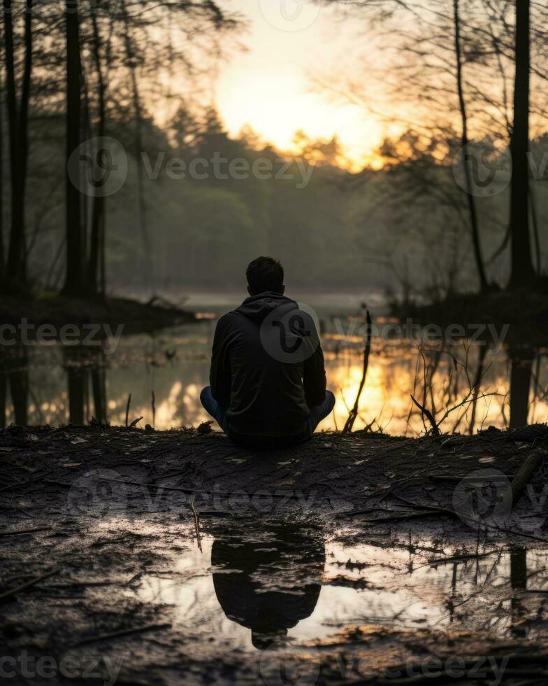 a person sitting on the edge of a lake at sunset generative ai photo