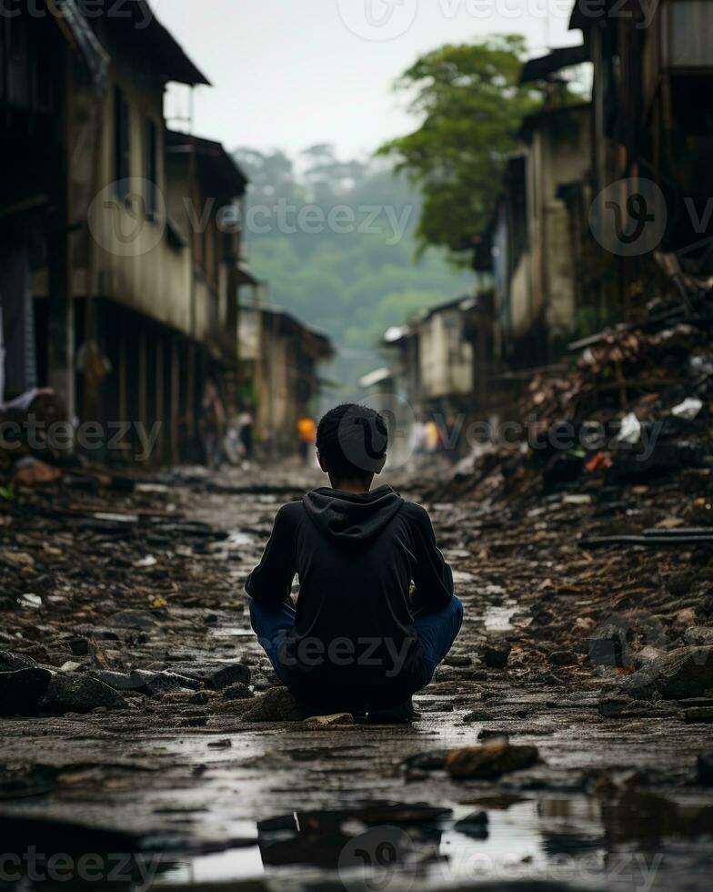 a person sitting on the ground in an alleyway generative ai photo