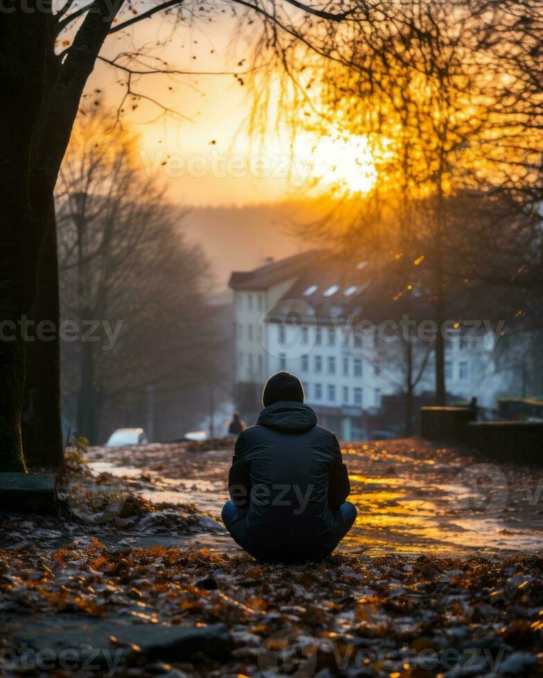 a person sitting on the ground in front of a tree at sunset generative ai photo