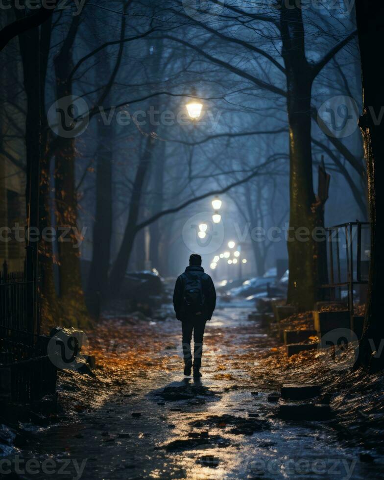 a person walking down a path in the middle of the night generative ai photo