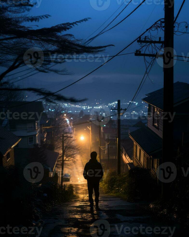a person walking down a street at night generative ai photo