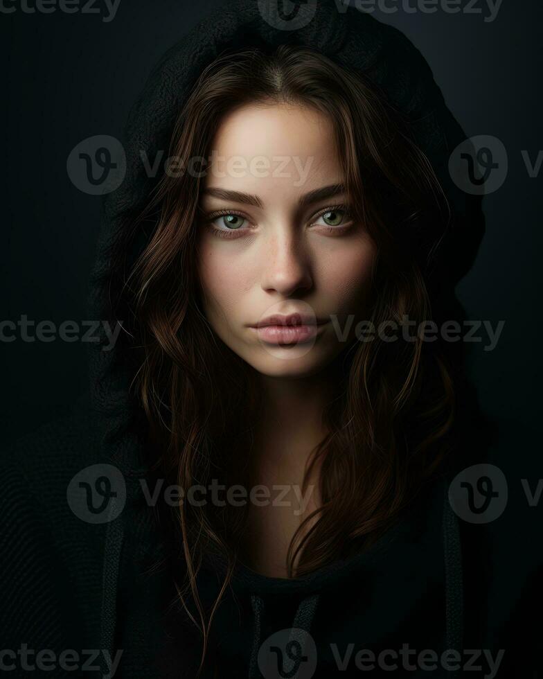 a woman in a black hoodie with blue eyes generative ai photo
