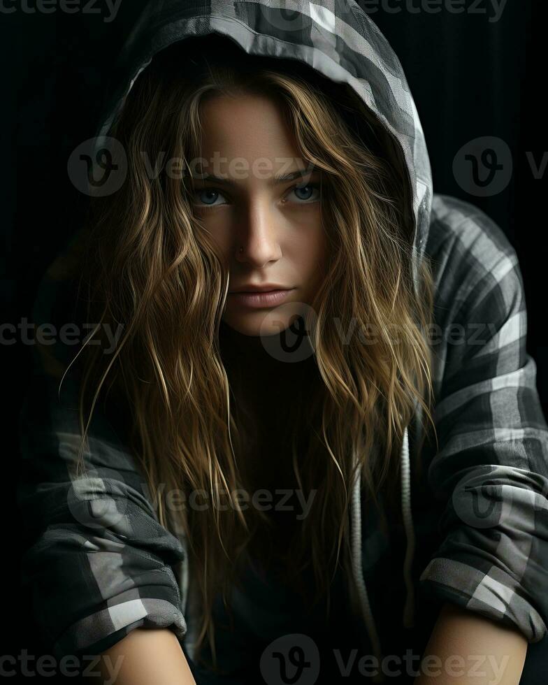 a woman in a checkered shirt and hoodie generative ai photo