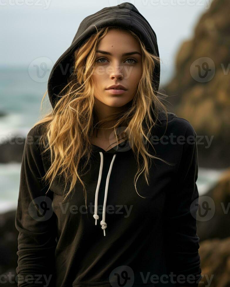 a woman in a black hoodie standing near the ocean generative ai photo