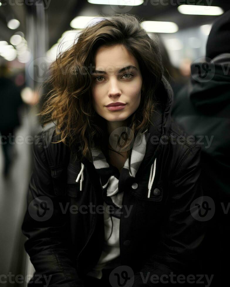 a woman in a black jacket sitting on a subway train generative ai photo