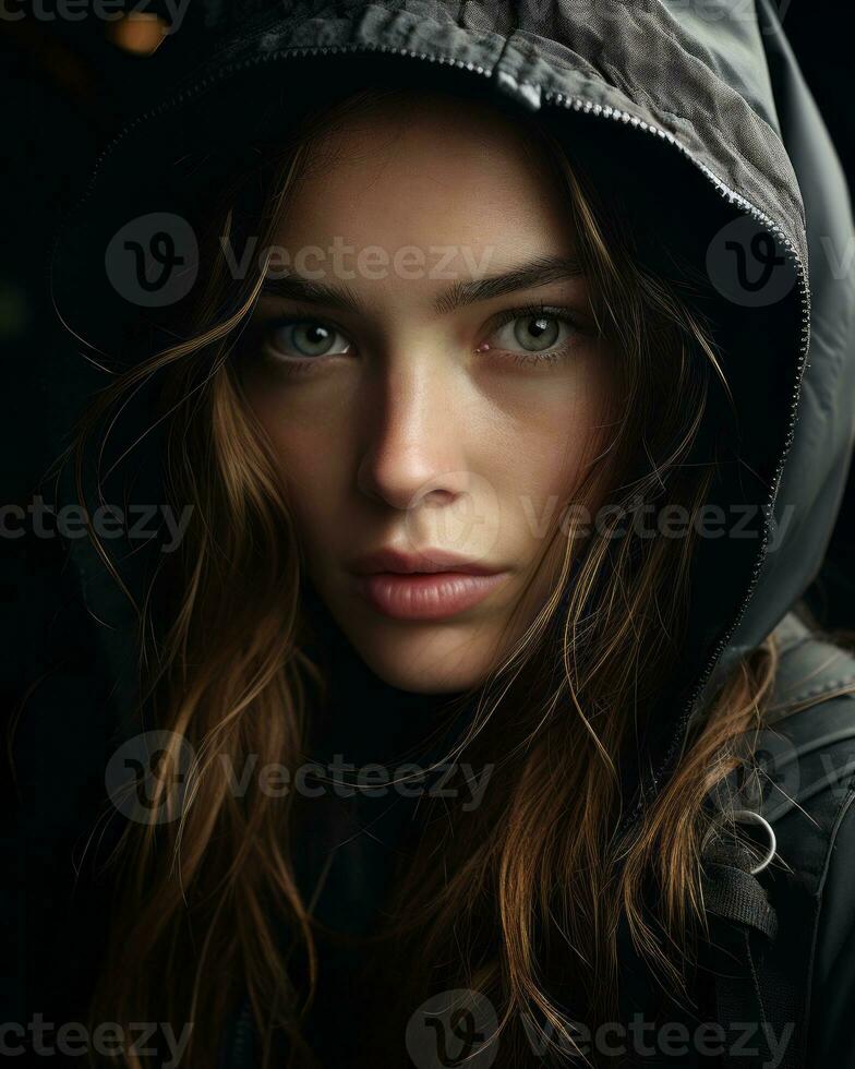 a woman in a hooded jacket looking into the camera generative ai photo