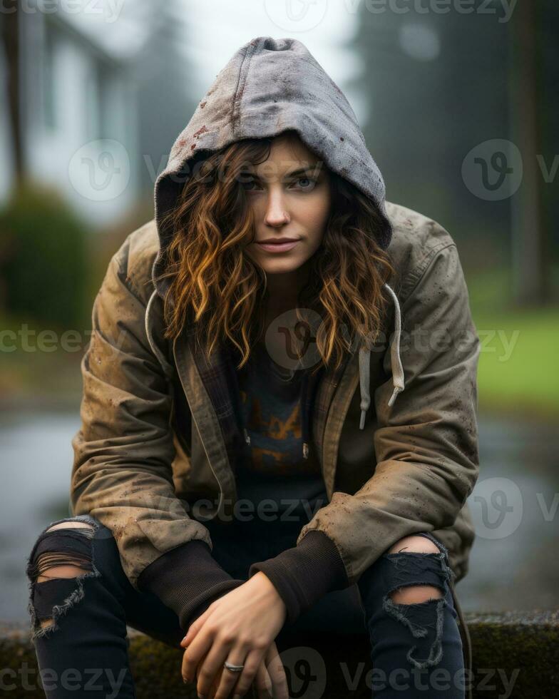 a woman in a hoodie sitting on a curb generative ai photo