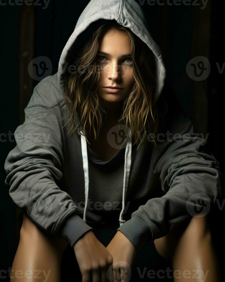 a woman in a hoodie sitting on a stool generative ai photo