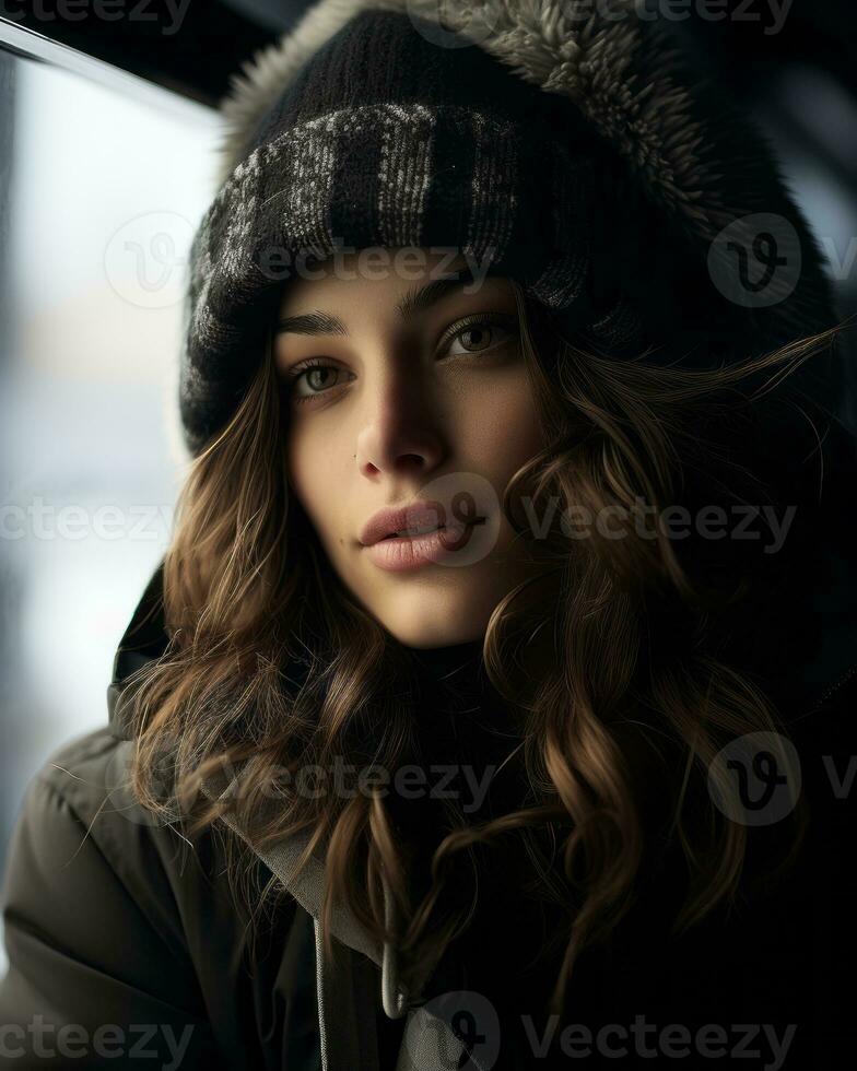 a woman in a winter hat and coat looking out the window generative ai photo