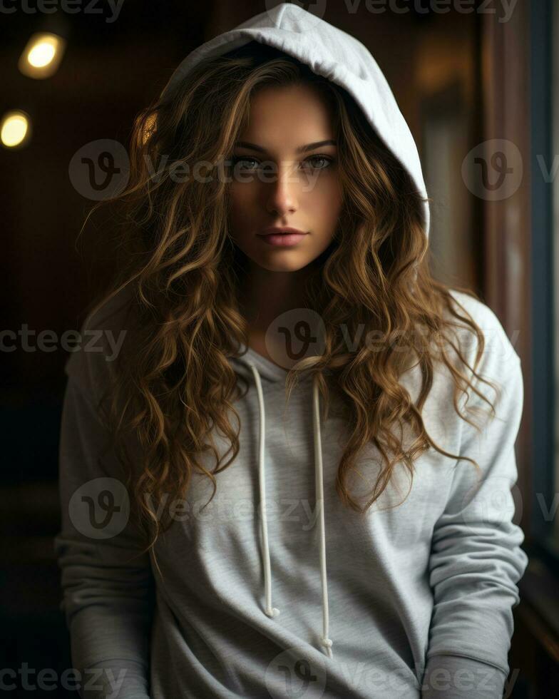 a woman in a hoodie standing in front of a window generative ai photo