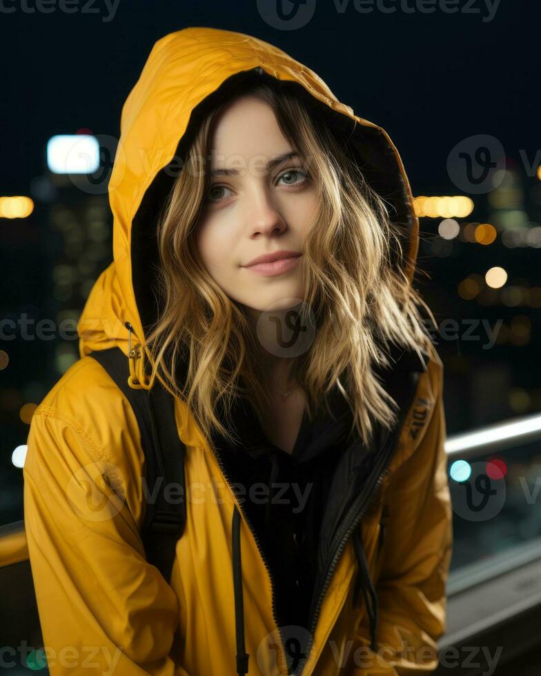 a woman in a yellow jacket generative ai photo
