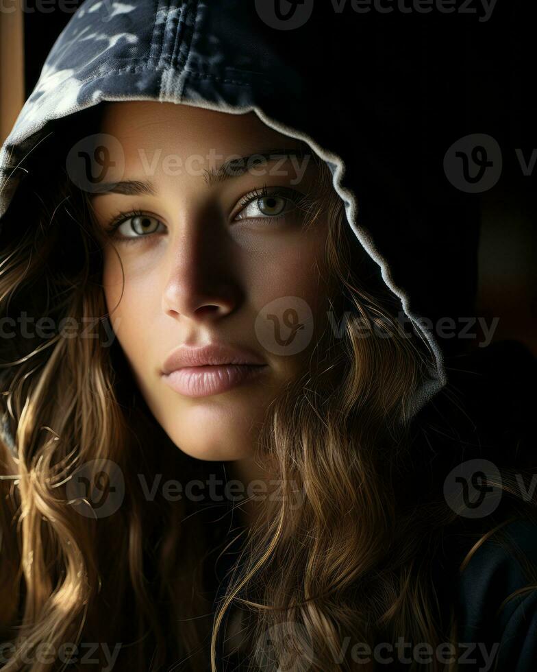 a woman wearing a hooded jacket generative ai photo