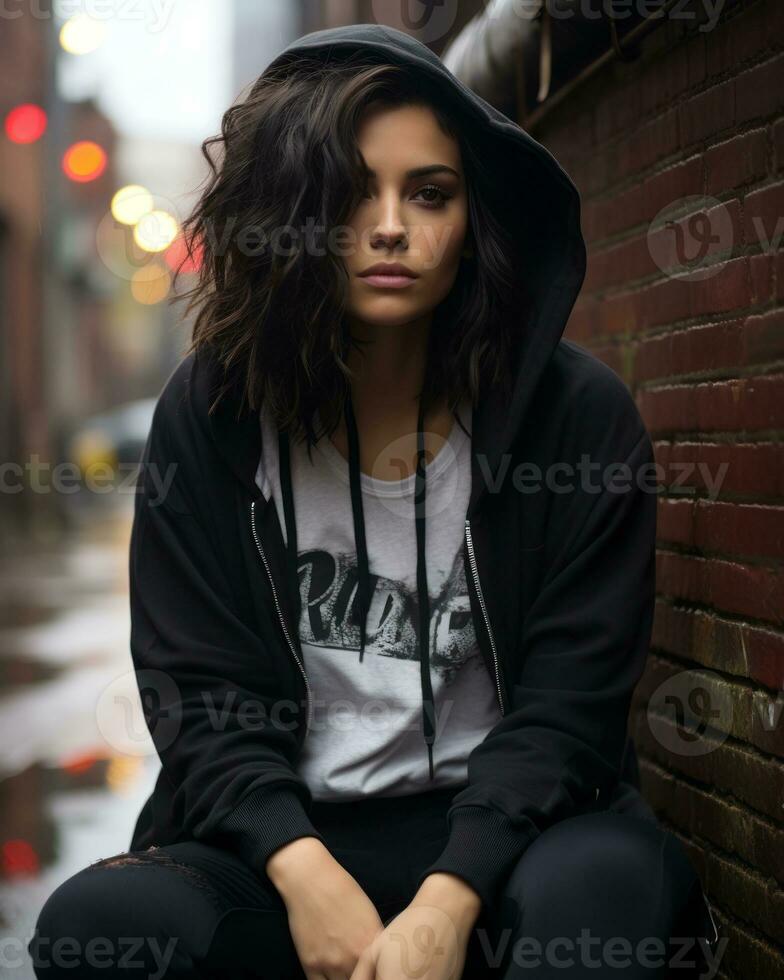 a woman wearing a hoodie sitting on a brick wall generative ai photo
