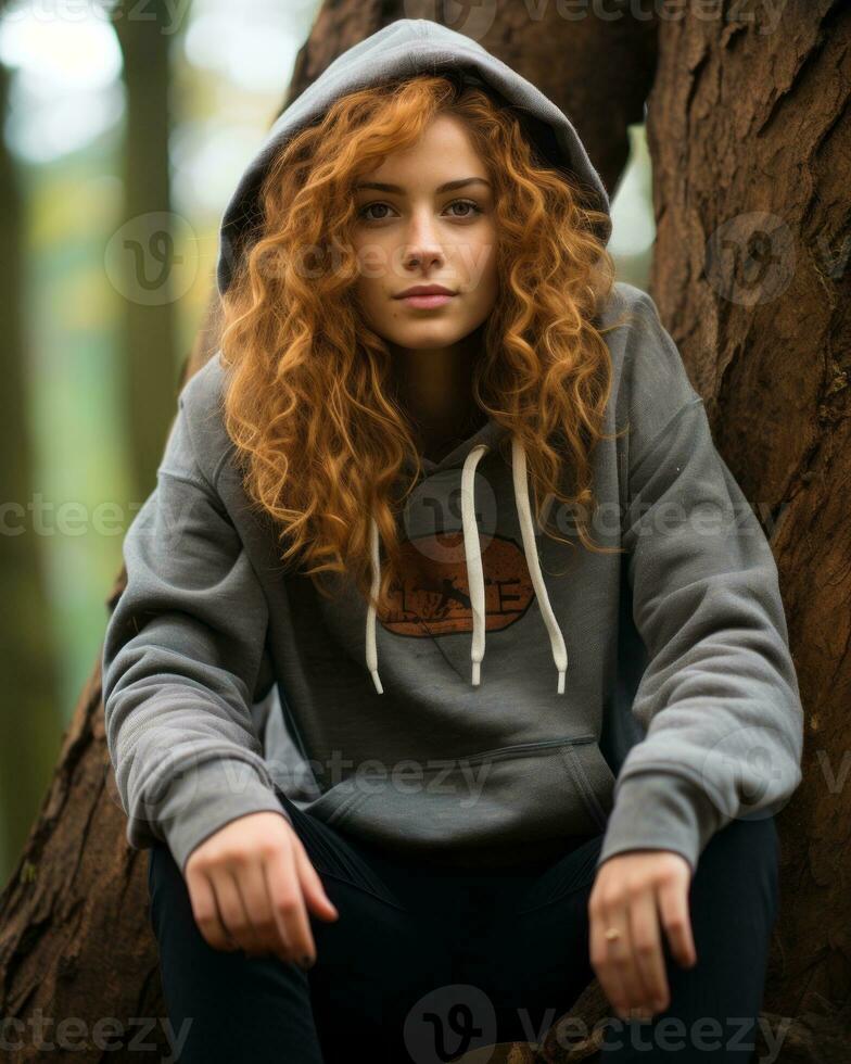 a woman wearing a hoodie sitting on a tree trunk generative ai photo