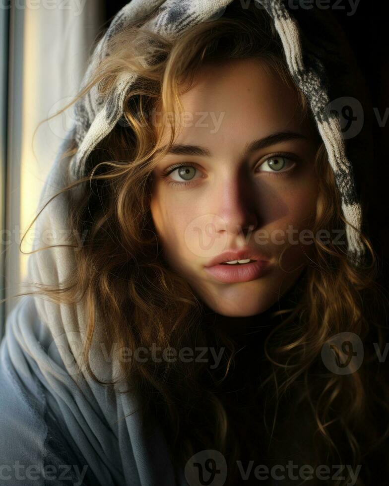 a woman with long curly hair is looking out the window generative ai photo