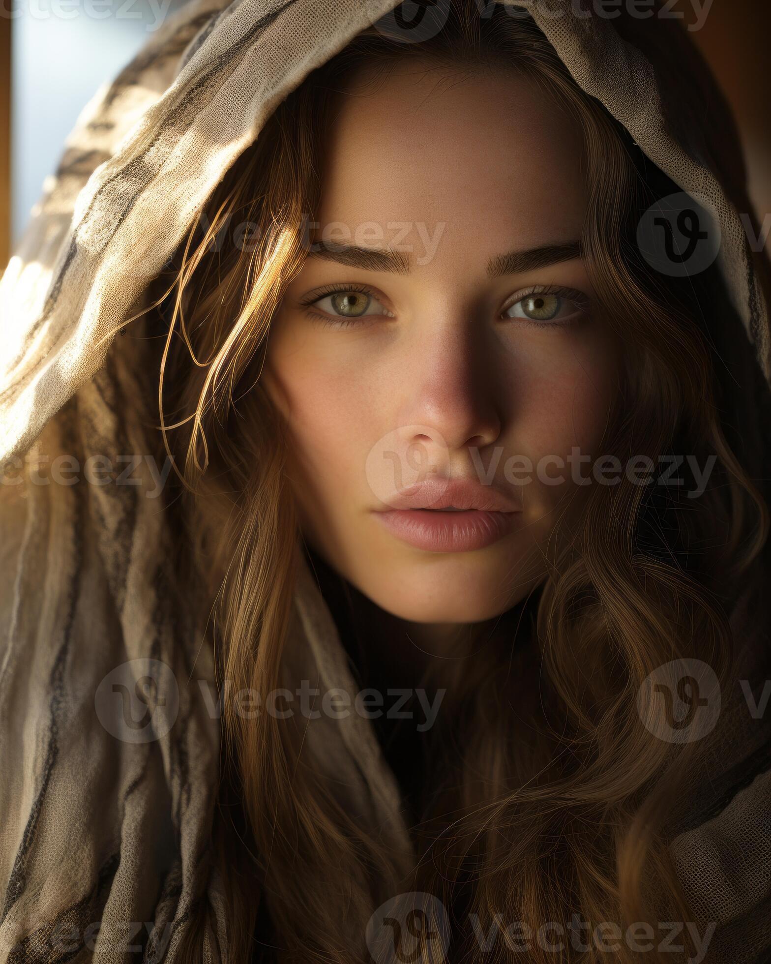 a woman with long hair and a blanket over her head generative ai