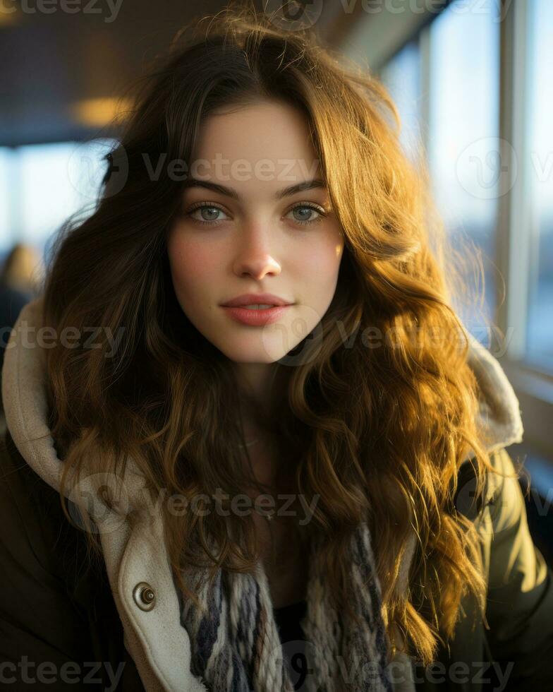 a woman with long wavy hair sitting in front of a window generative ai photo