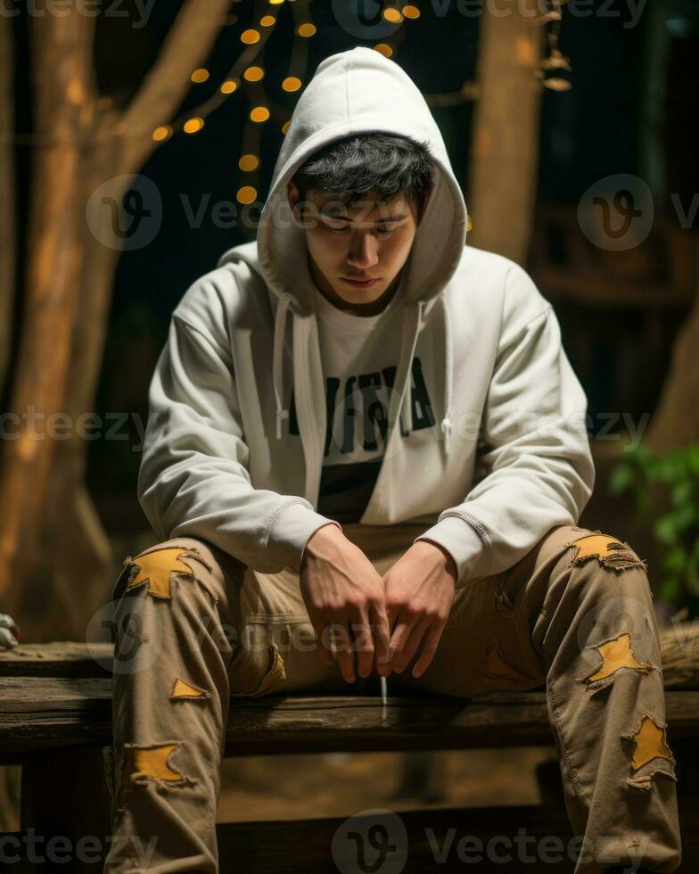 a young man in a hoodie sitting on a bench generative ai photo