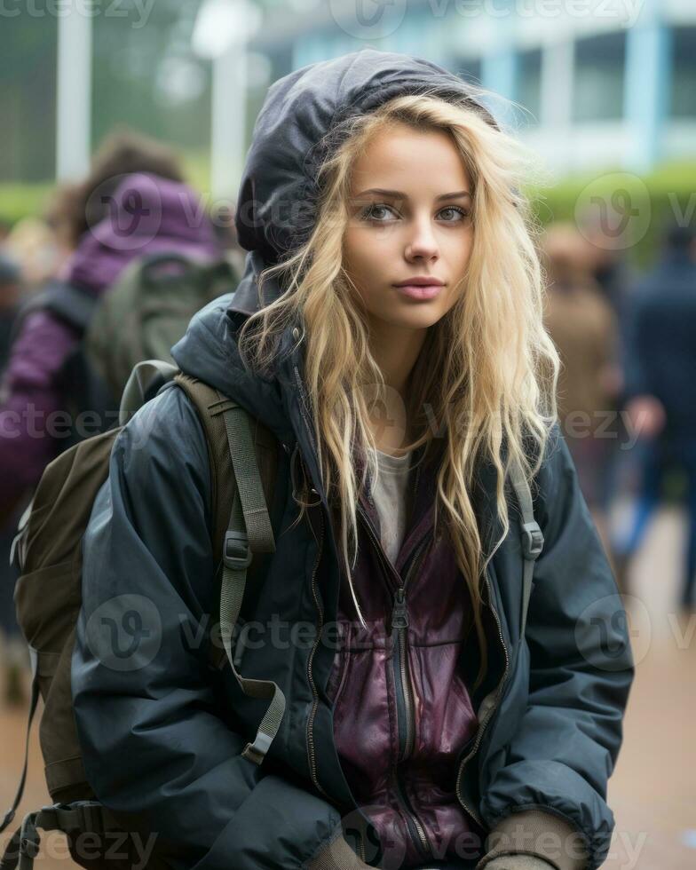 a young woman with a backpack sitting on a bench generative ai photo