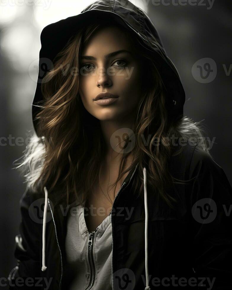 black and white photo of a woman in a hoodie generative ai