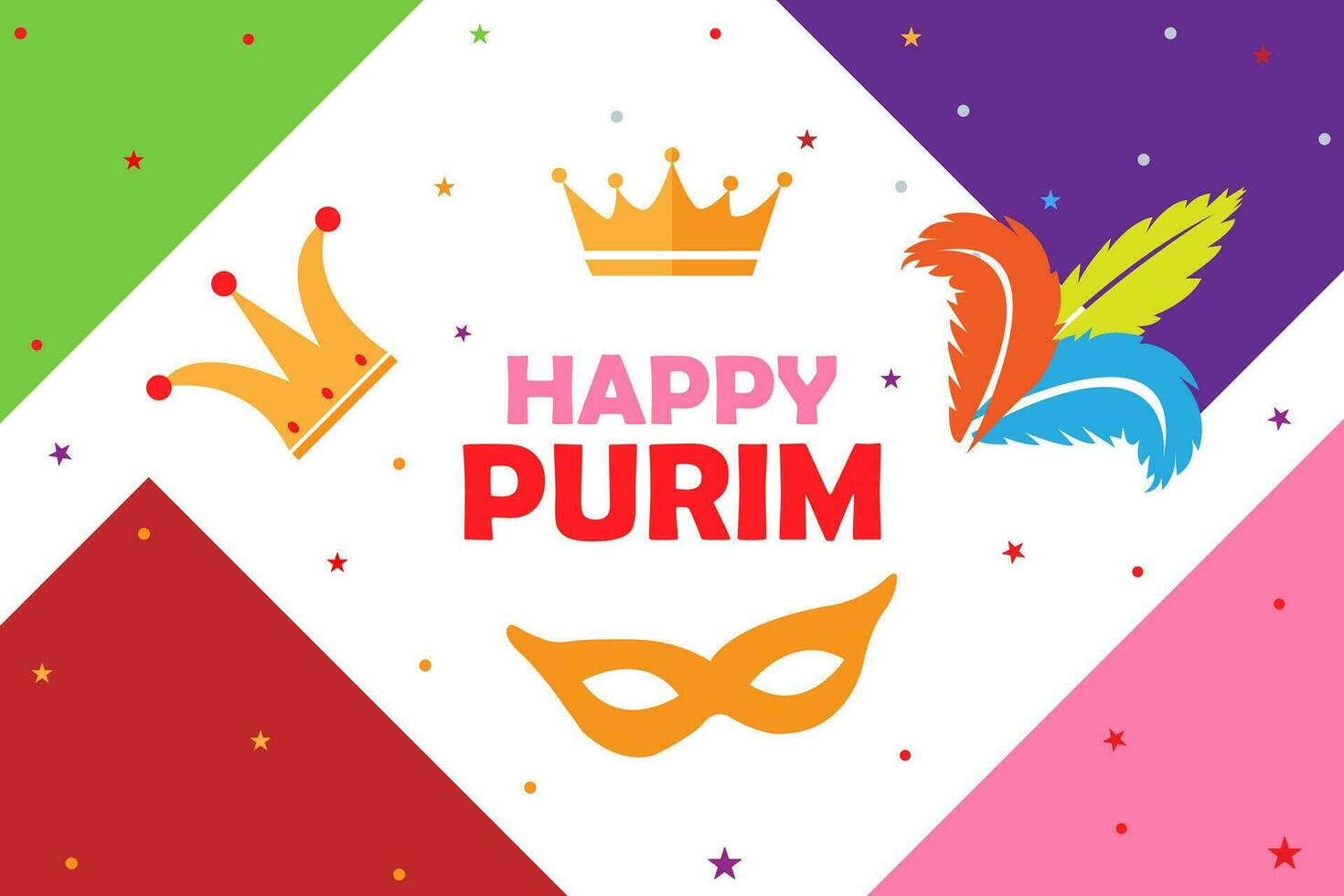 Happy Purim holiday greeting card with traditional purim symbols. Vector illustration. Element for design business cards, invitations, gift cards.
