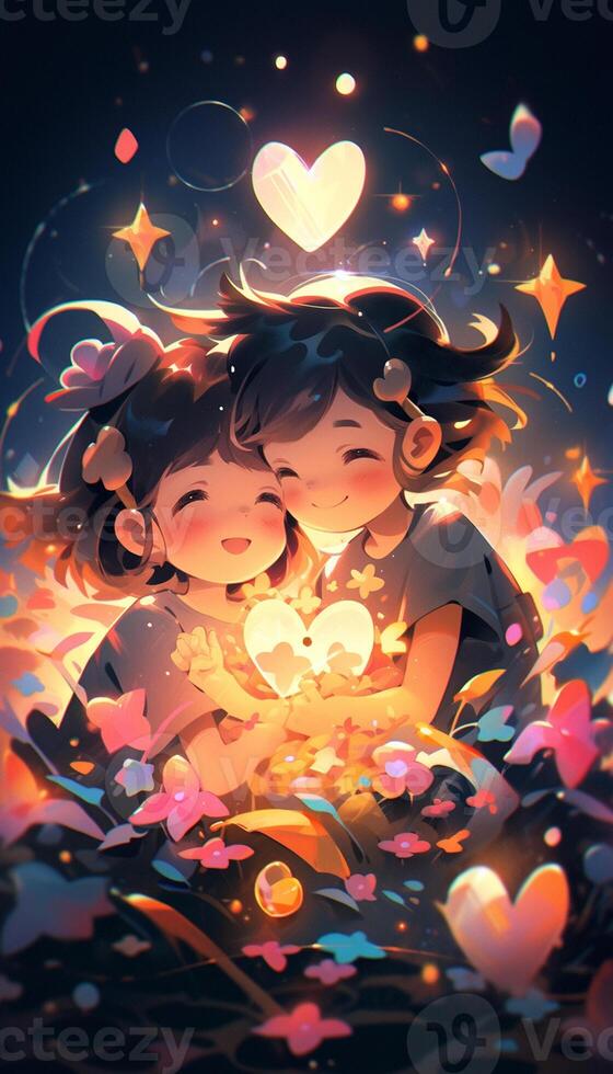 Premium AI Image  anime couple kissing in front of hearts with orange  background generative ai