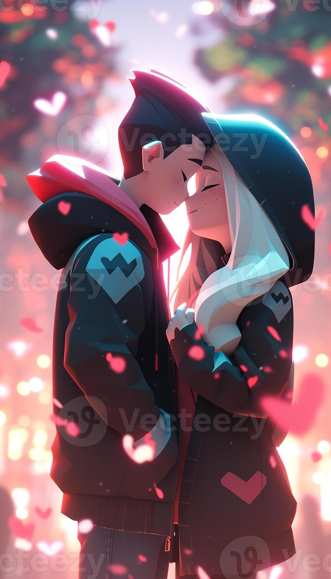 A lovely anime couple that kiss on a bench 