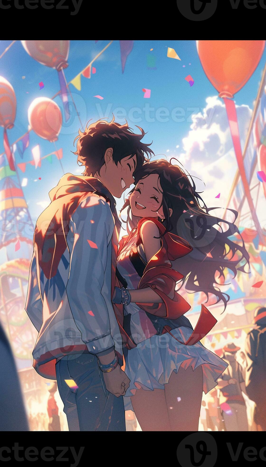 anime couple kissing in front of balloons and confetti. generative ai.  28391025 Stock Photo at Vecteezy
