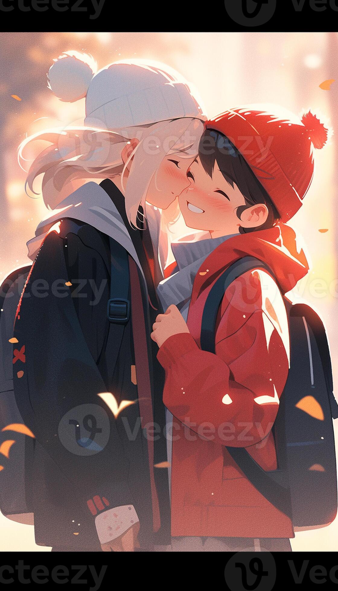 Premium Photo  Anime couple with backpacks hugging each other in