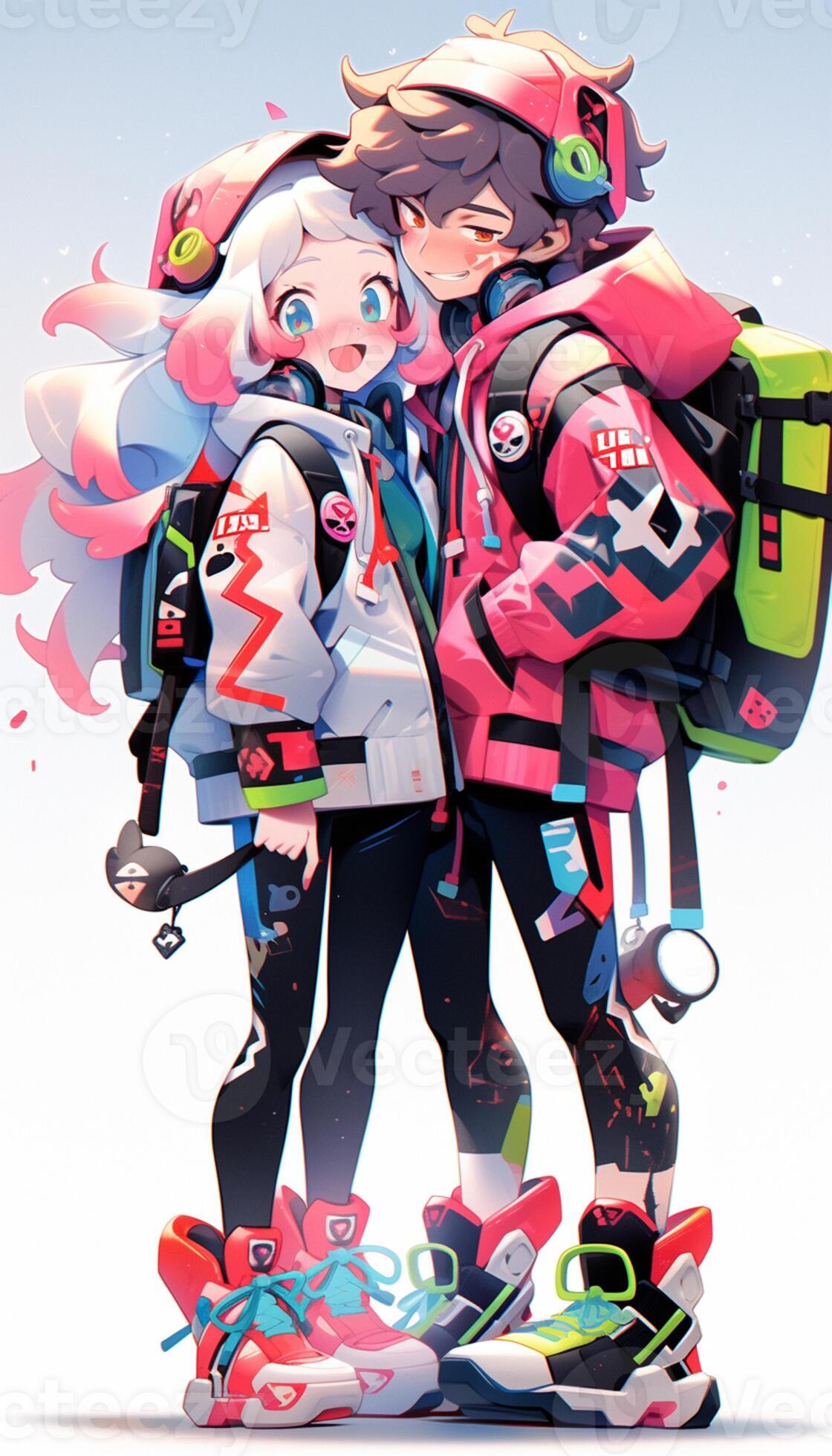 anime couple with backpacks and skateboard on a white background.  generative ai. 28391052 Stock Photo at Vecteezy