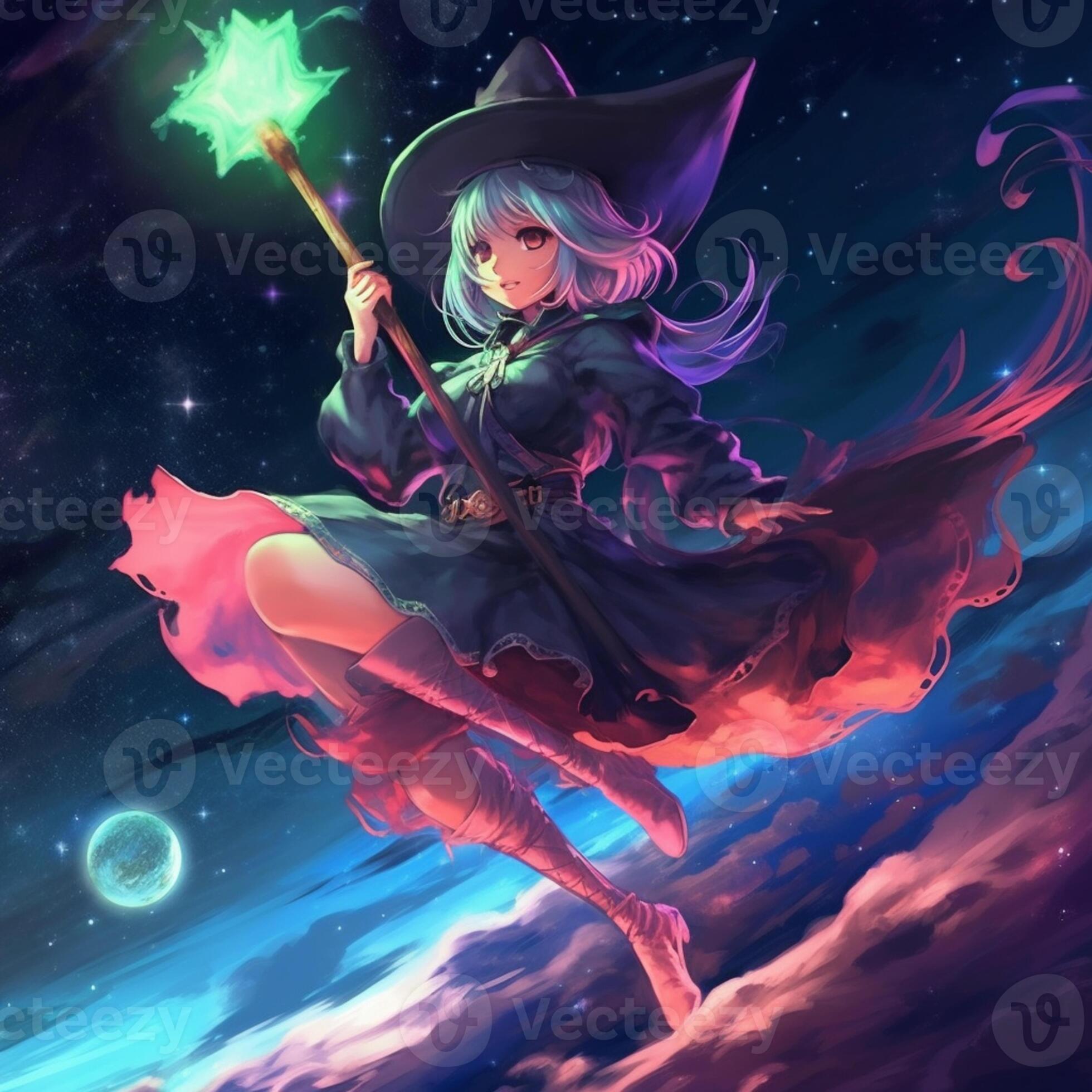 Premium Photo  Anime girl with a wand and a hat flying through the sky  generative ai