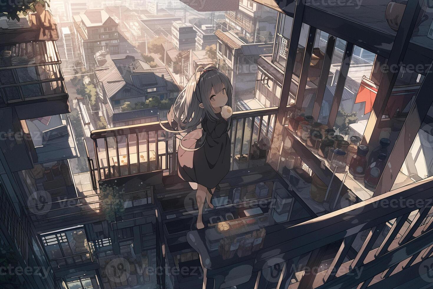 prompthunt: beautiful anime painting of a woman looking out of the balcony  of her apartment to the coast below, daytime, by makoto shinkai, kimi no na  wa, artstation, atmospheric.