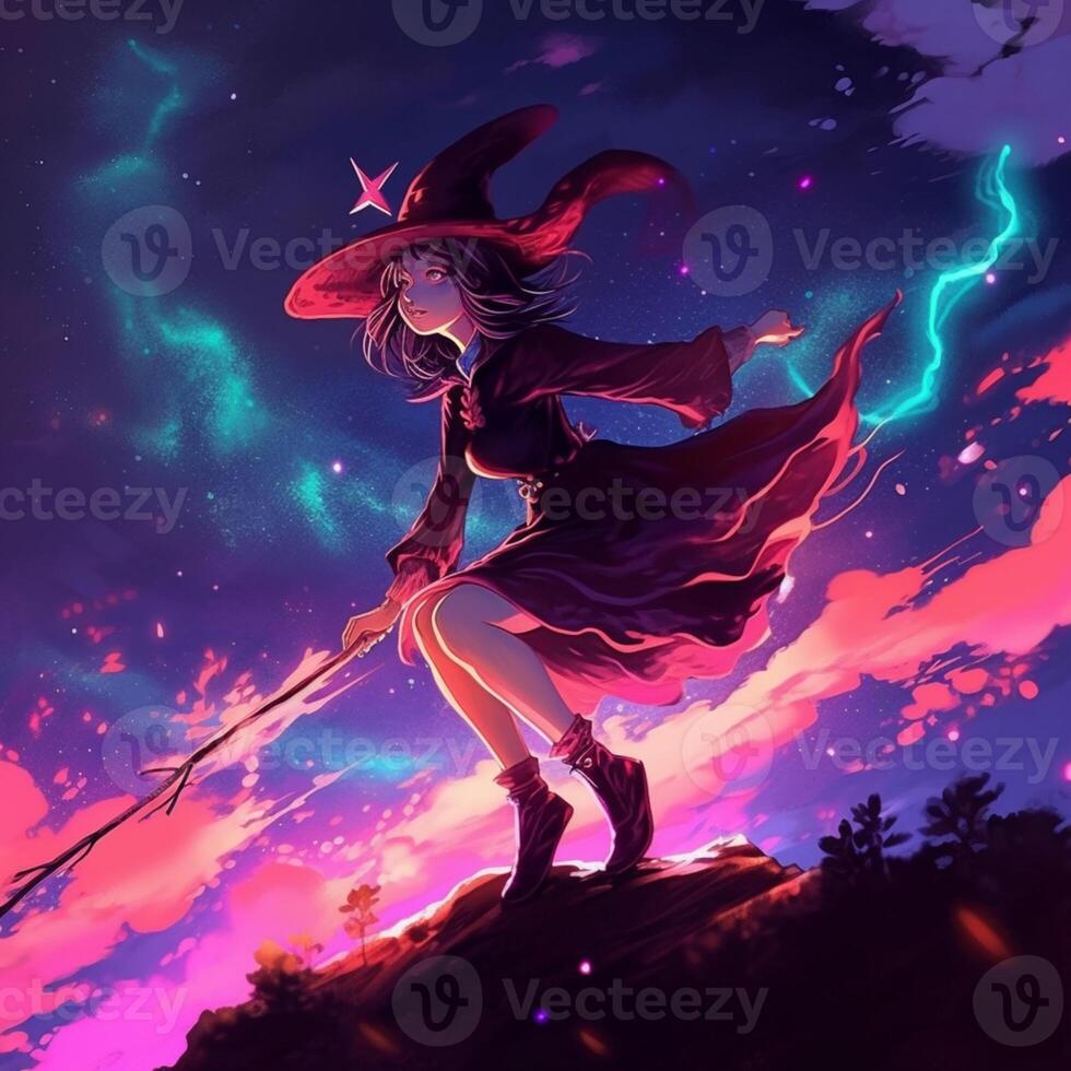 Premium Photo  Anime girl with a wand and a hat flying through the sky  generative ai