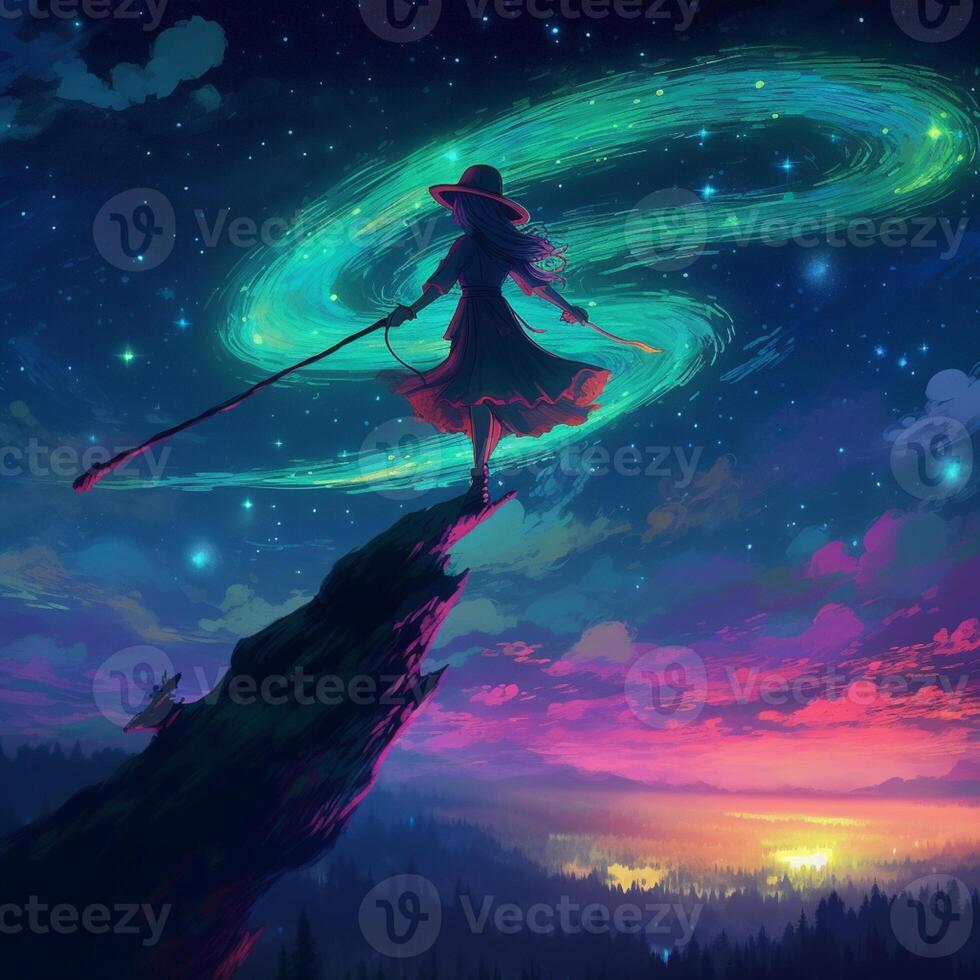 feeling free and flying, anime girl flying over a city, peaceful manga  artwork, generative ai technology Stock Illustration